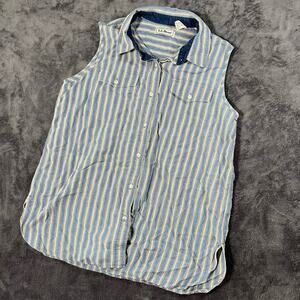 Vintage LL Bean Vest Stripe Print Boom Sleeveless Snap Western Shirt Blue Medium